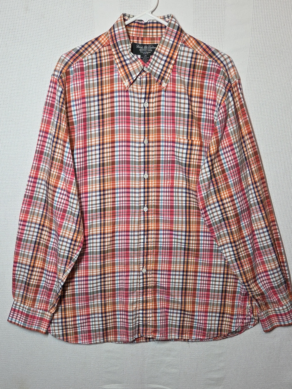 Brooks Brothers Made In USA Shirt Mens Large Orange Navy Plaid Button-Down 23ptp
